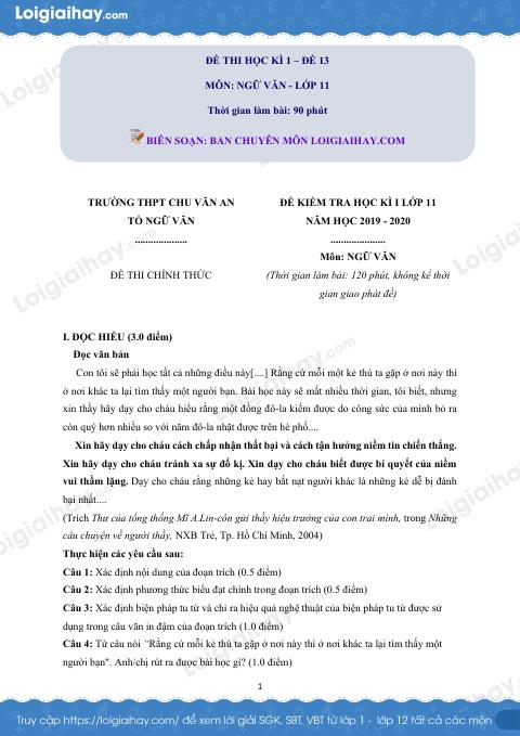 Giải đề thi học kì 1 Ngữ văn lớp 11 năm 2019 - 2020 trường THPT Chu Văn An